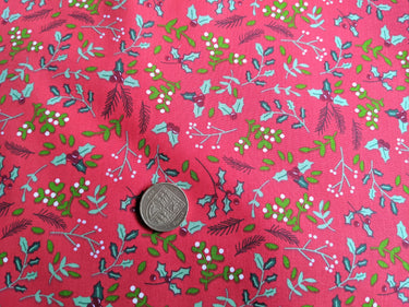 Red Sally Polycotton Holly Leaves Christmas Fabric, Festive Fabric, Holiday Fabric
